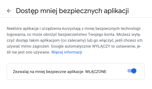 Zrzut ekranu: Dostęp mniej bezpiecznych aplikacji